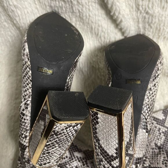 Bamboo synthetic Snakeskin Print beige & gray thigh high block Heels boots SZ8 - Picture 13 of 13